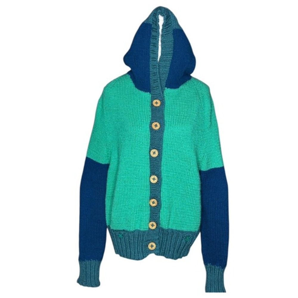 Handmade New Colorblock Knit Hooded Cardigan Sweater‎ Teal Wooden Buttons Medium